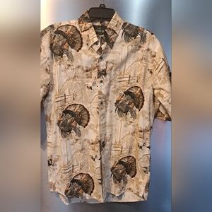 Mens Red Head Shirt Turkey Print Short Sleeve Button Down Nature Outdoors M